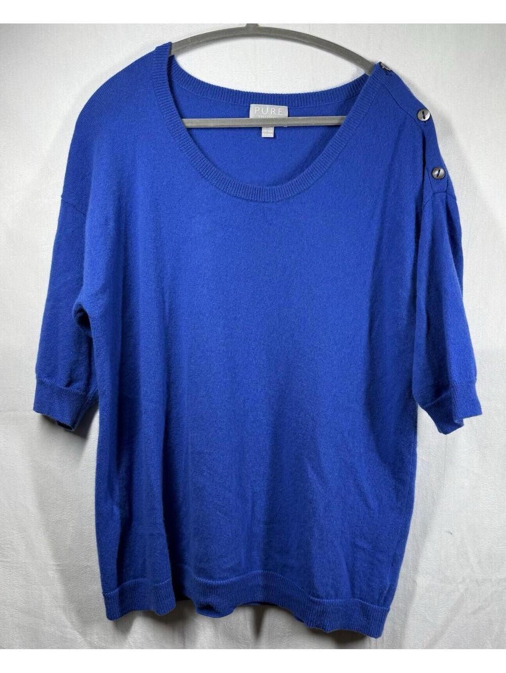 Pure Collection 100% Cashmere Sweater Plus Sz 18 Blue Blouse Button 1/2 Sleeve